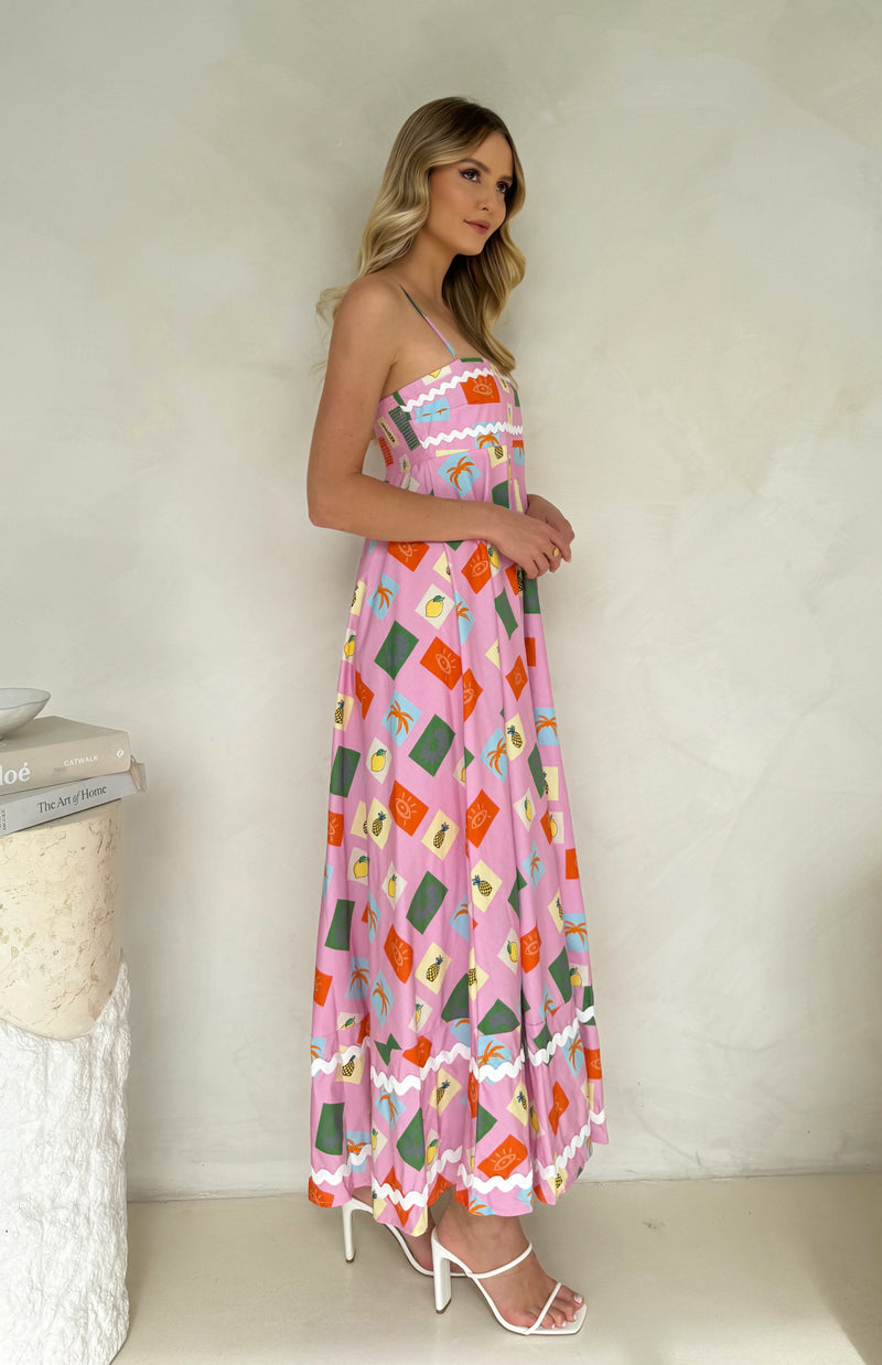 CAPETOWN RIC RAC DRESS - PINK STAMP PRINT