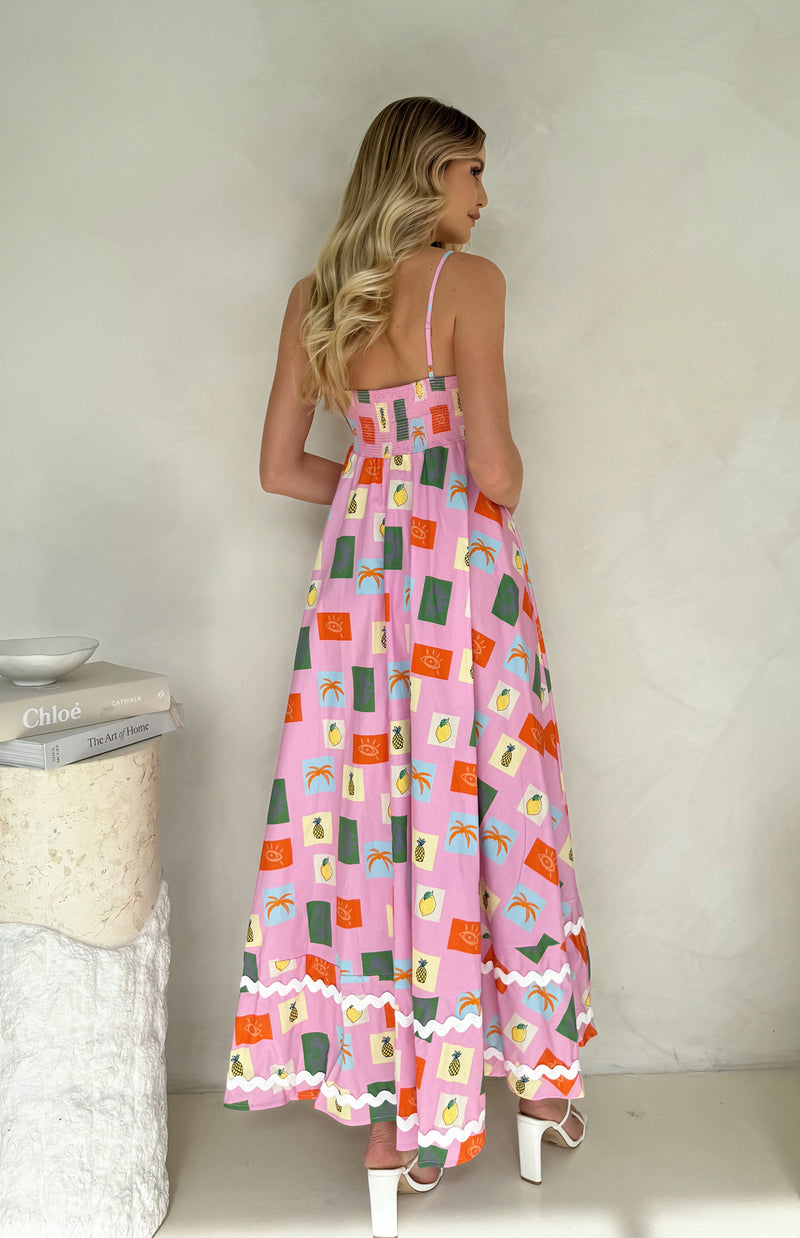 CAPETOWN RIC RAC DRESS - PINK STAMP PRINT